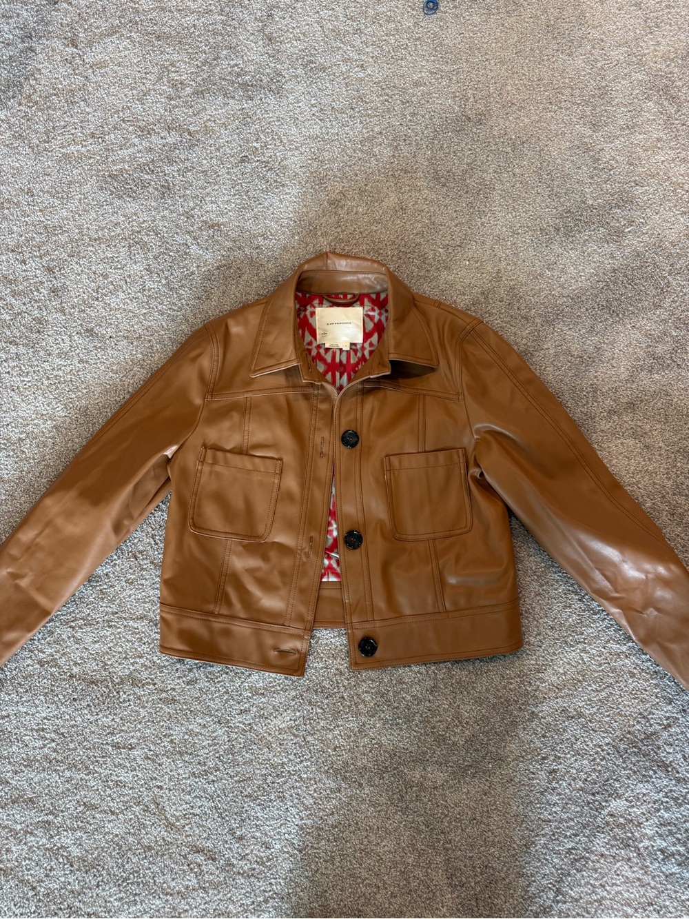 Anthropologie womans Brown Jean-Style faux Leather Jacket with Red print lining